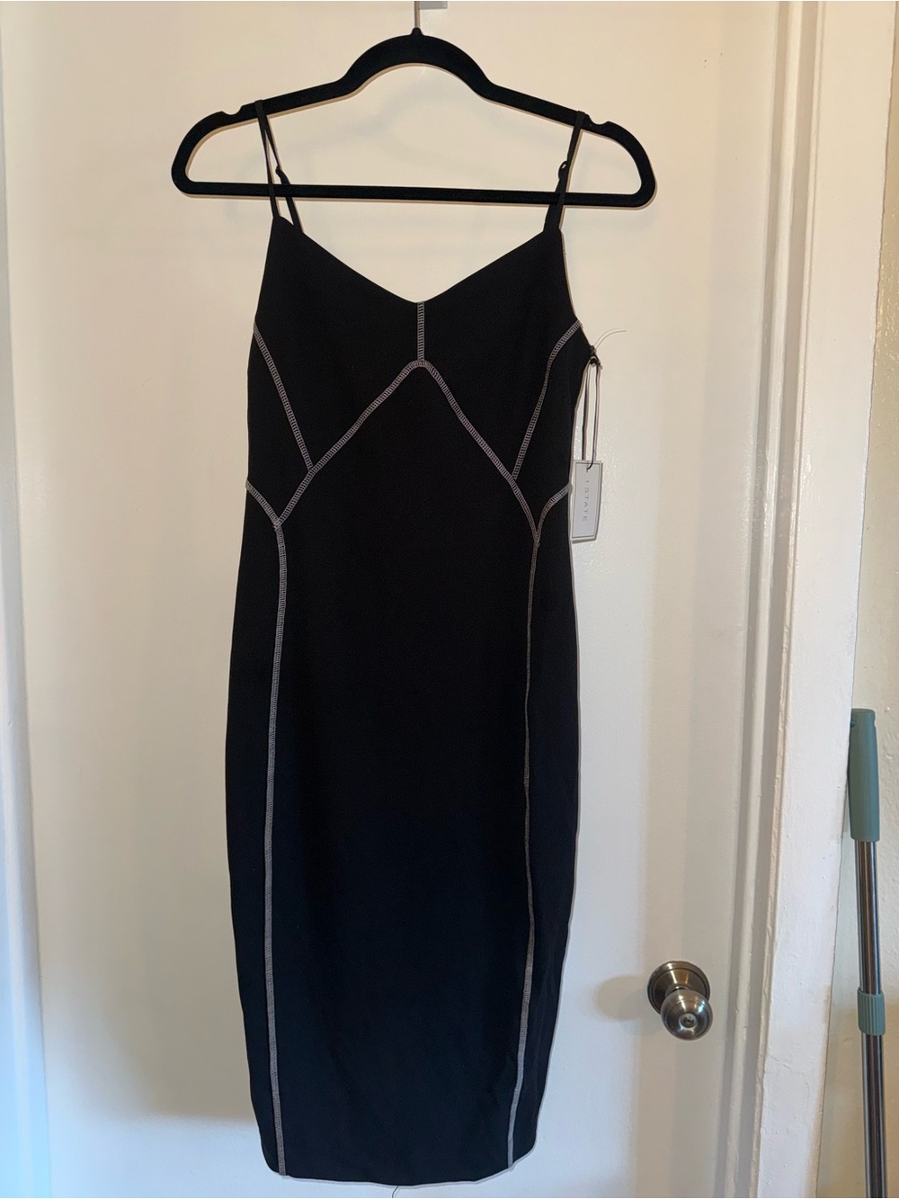 1.STATE Contrast Stitch Slip Sheath Midi Dress Black Size 2 NWT